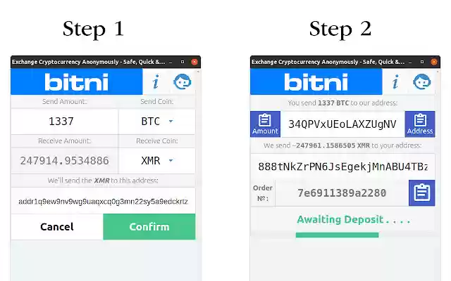 bitni.com Anonymous Crypto Exchange  from Chrome web store to be run with OffiDocs Chromium online