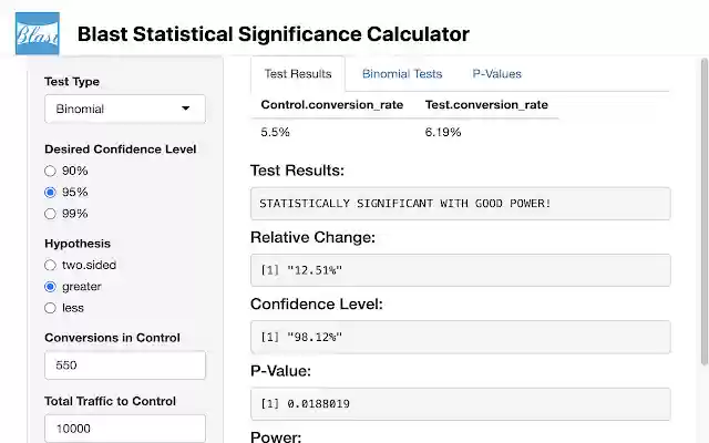 Blast A/B Test Stat Significance Calculator from Chrome web store to be run with OffiDocs Chromium online Blast A/B Test Stat Significance Calculator from Chrome web store to be run with OffiDocs Chromium online