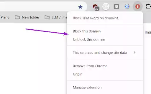 Block 1Password on domains.  from Chrome web store to be run with OffiDocs Chromium online
