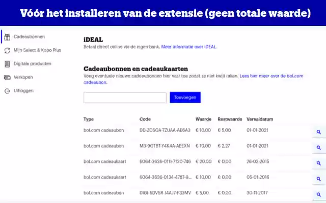 Bol.com cadeaukaarten totaal checker from Chrome web store to be run with OffiDocs Chromium online Bol.com cadeaukaarten totaal checker from Chrome web store to be run with OffiDocs Chromium online