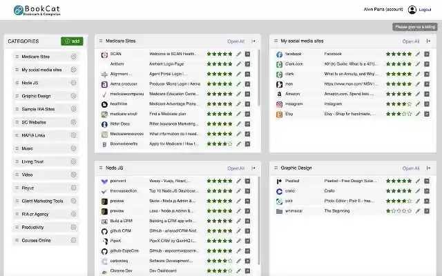 BookCat (Bookmark and categorize your sites)  from Chrome web store to be run with OffiDocs Chromium online