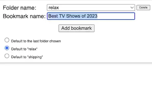 Bookmark To Folder from Chrome web store to be run with OffiDocs Chromium online Bookmark To Folder from Chrome web store to be run with OffiDocs Chromium online