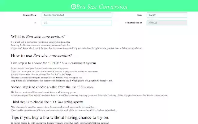 Bra Size Conversion  from Chrome web store to be run with OffiDocs Chromium online