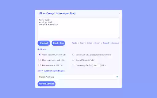 Bulk URL Opener Open Multiple URLs or Search Queries  from Chrome web store to be run with OffiDocs Chromium online