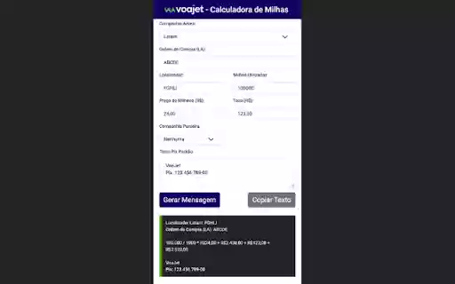 Calculadora de Milhas VoaJet 2.3 from Chrome web store to be run with OffiDocs Chromium online Calculadora de Milhas VoaJet 2.3 from Chrome web store to be run with OffiDocs Chromium online