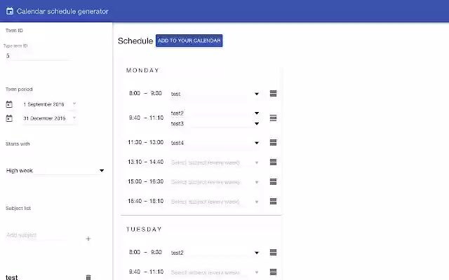 Calendar schedule generator  from Chrome web store to be run with OffiDocs Chromium online