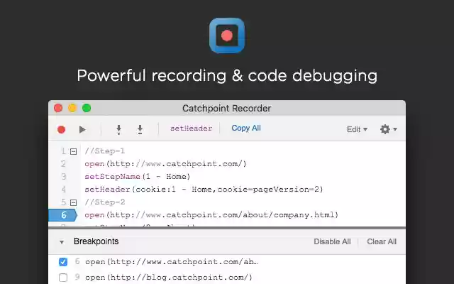 Catchpoint Script Recorder from Chrome web store to be run with OffiDocs Chromium online Catchpoint Script Recorder from Chrome web store to be run with OffiDocs Chromium online