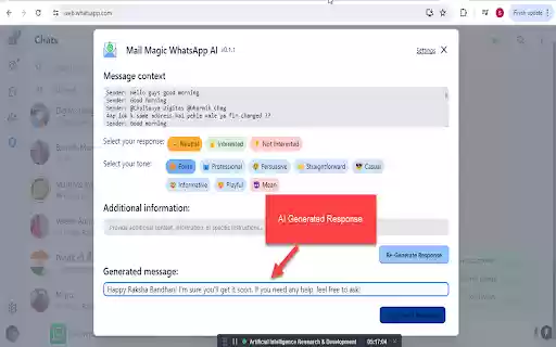 ChatGPT AI for WhatsApp messages by MailMagic  from Chrome web store to be run with OffiDocs Chromium online