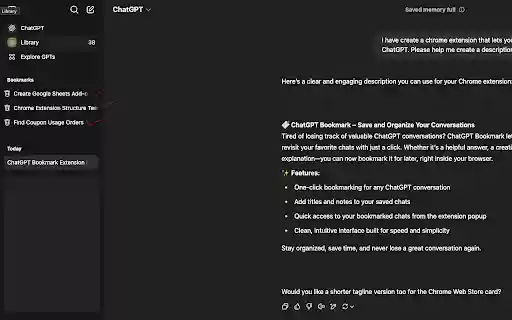 ChatGPT Bookmark Extension  from Chrome web store to be run with OffiDocs Chromium online