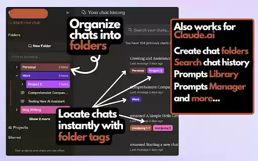 ChatGPT Folders, Search  Prompts Easy Folders: Projects  Chat Organizer  from Chrome web store to be run with OffiDocs Chromium online