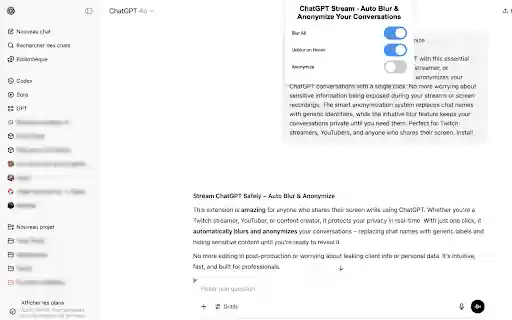 ChatGPT Stream Auto Blur Anonymize Your Conversations from Chrome web store to be run with OffiDocs Chromium online ChatGPT Stream Auto Blur Anonymize Your Conversations from Chrome web store to be run with OffiDocs Chromium online