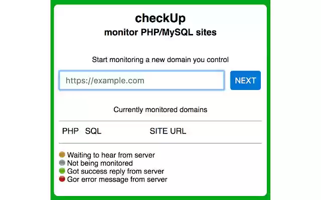 checkUp_phpsql from Chrome web store to be run with OffiDocs Chromium online checkUp_phpsql from Chrome web store to be run with OffiDocs Chromium online