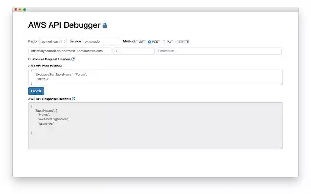 Chrome AWS API Debugger  from Chrome web store to be run with OffiDocs Chromium online