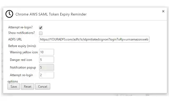 Chrome AWS SAML Token Expiry Reminder  from Chrome web store to be run with OffiDocs Chromium online