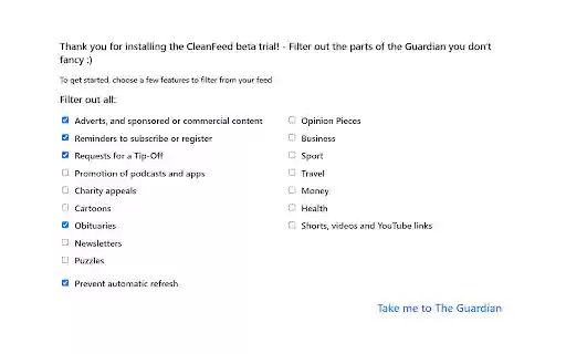 CleanFeed for the Guardian from Chrome web store to be run with OffiDocs Chromium online CleanFeed for the Guardian from Chrome web store to be run with OffiDocs Chromium online