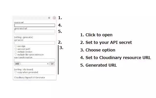 Cloudinary Signed Url Generator  from Chrome web store to be run with OffiDocs Chromium online