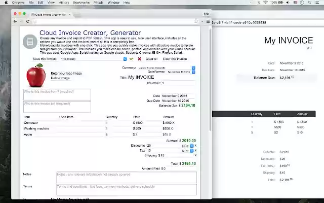 Cloud Invoice Creator (Invoice to PDF)  from Chrome web store to be run with OffiDocs Chromium online