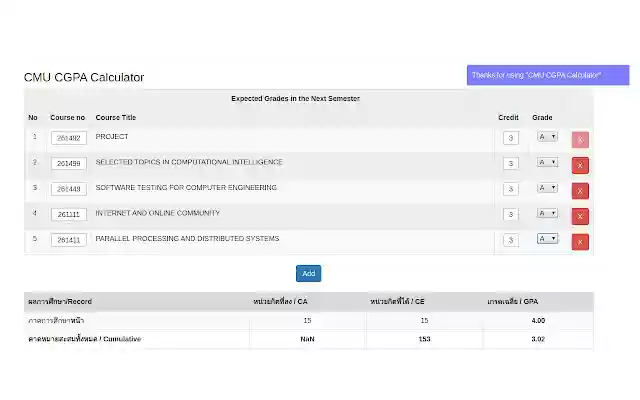 CMU Cumulative GPA Calculator  from Chrome web store to be run with OffiDocs Chromium online