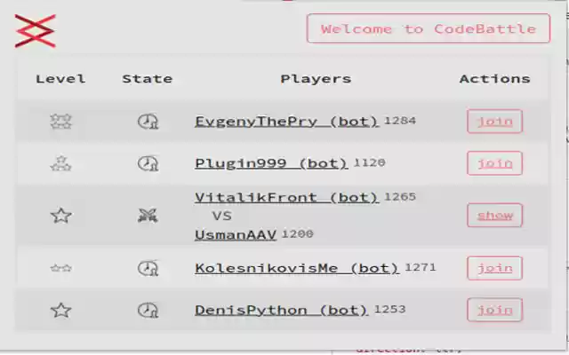 Codebattle from Chrome web store to be run with OffiDocs Chromium online Codebattle from Chrome web store to be run with OffiDocs Chromium online