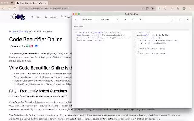 Code Beautifier Online  from Chrome web store to be run with OffiDocs Chromium online