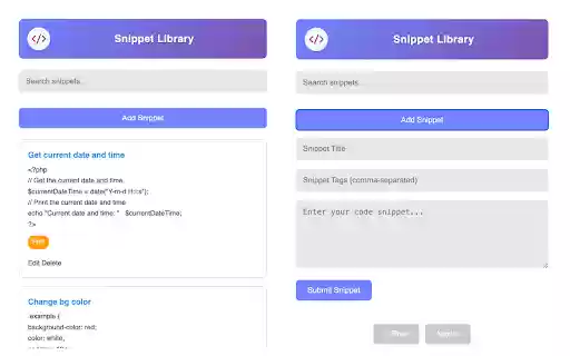 Code Snippet Library  from Chrome web store to be run with OffiDocs Chromium online