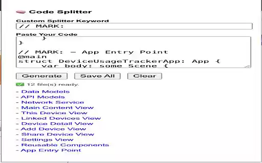Code Splitter  Saver  from Chrome web store to be run with OffiDocs Chromium online