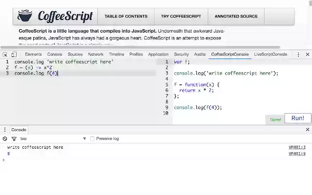 CoffeeScript Console 3 from Chrome web store to be run with OffiDocs Chromium online CoffeeScript Console 3 from Chrome web store to be run with OffiDocs Chromium online