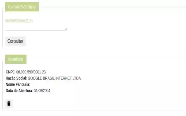 ConsultaWS (CNPJ) from Chrome web store to be run with OffiDocs Chromium online ConsultaWS (CNPJ) from Chrome web store to be run with OffiDocs Chromium online