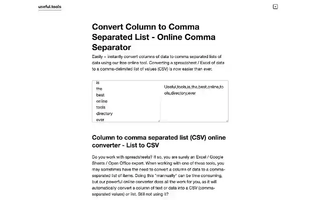 Convert Column to Comma Separated List (CSV) from Chrome web store to be run with OffiDocs Chromium online Convert Column to Comma Separated List (CSV) from Chrome web store to be run with OffiDocs Chromium online