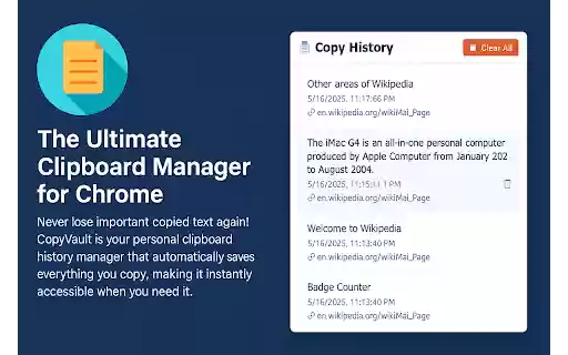 CopyVault Advanced Clipboard Manager  from Chrome web store to be run with OffiDocs Chromium online