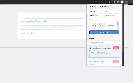Custom CSS Per Domain from Chrome web store to be run with OffiDocs Chromium online Custom CSS Per Domain from Chrome web store to be run with OffiDocs Chromium online