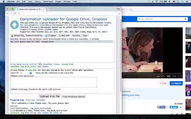 Dailymotion Uploader for Drive, Dropbox  from Chrome web store to be run with OffiDocs Chromium online