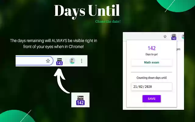 Days Until Days Countdown from Chrome web store to be run with OffiDocs Chromium online Days Until Days Countdown from Chrome web store to be run with OffiDocs Chromium online