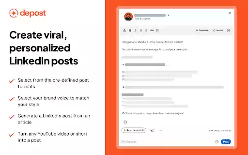Depost AI – Post  Comment Generator for LinkedIn, X (Twitter), and Reddit  from Chrome web store to be run with OffiDocs Chromium online
