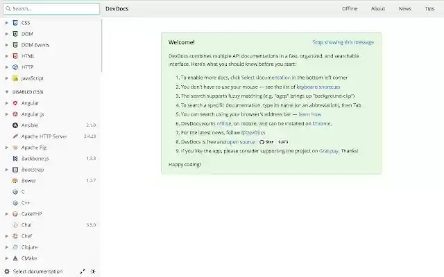 DevDocs.io  from Chrome web store to be run with OffiDocs Chromium online