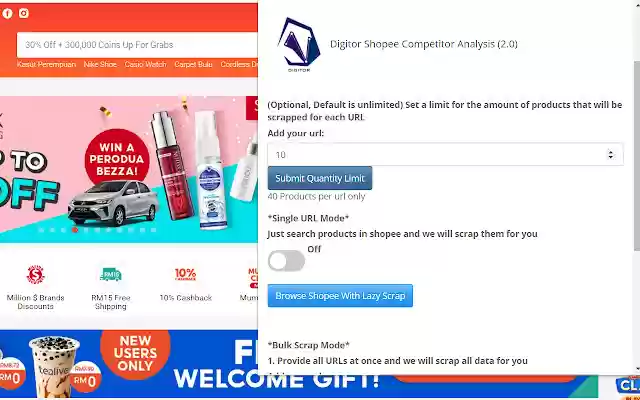 El análisis de la competencia de Digitor Shopee de Chrome web store se ejecutará con OffiDocs Chromium en línea