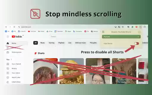 Disable YouTube Shorts  from Chrome web store to be run with OffiDocs Chromium online