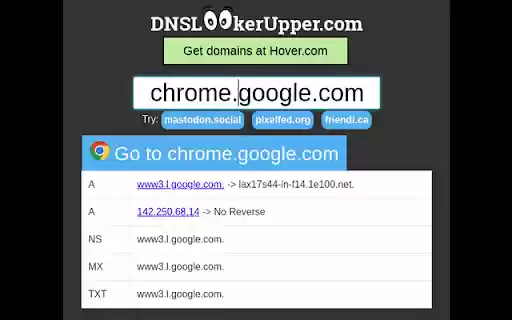DNSLookerUpper.com  from Chrome web store to be run with OffiDocs Chromium online