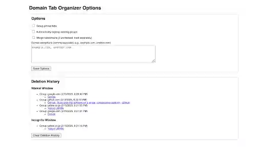 Domain Tab Organizer  from Chrome web store to be run with OffiDocs Chromium online