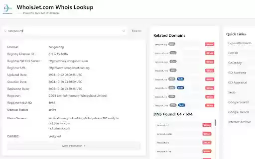 Domain Whois Lookup WhoisJet.com  from Chrome web store to be run with OffiDocs Chromium online