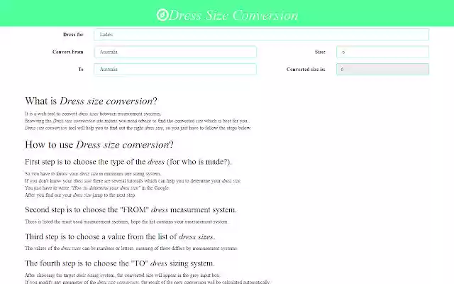 Dress Size Conversion  from Chrome web store to be run with OffiDocs Chromium online