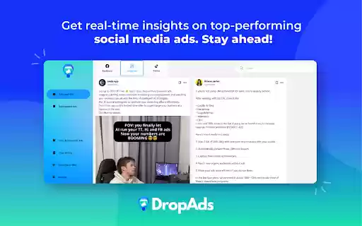 DropAds Facebook Ad Finder  AdSpy Tool  from Chrome web store to be run with OffiDocs Chromium online