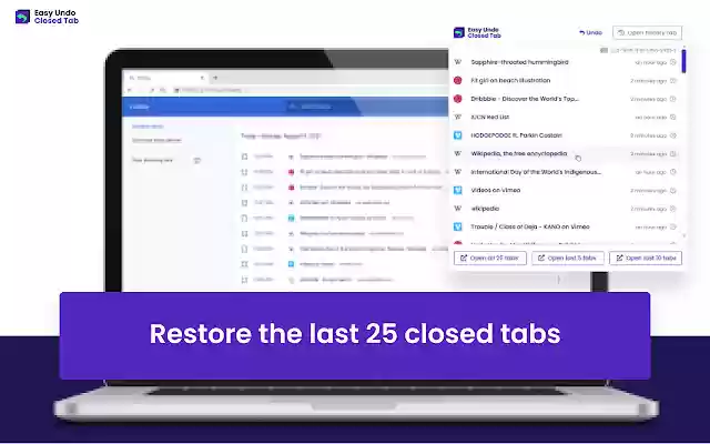 Easy Undo Closed Tabs from Chrome web store to be run with OffiDocs Chromium online Easy Undo Closed Tabs from Chrome web store to be run with OffiDocs Chromium online