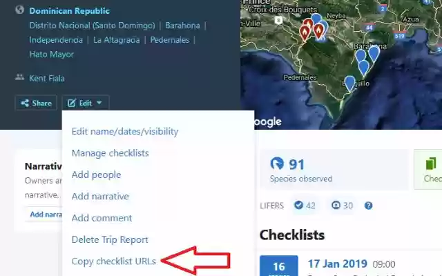 OffiDocs Chromium çevrimiçi ile çalıştırılacak Chrome web mağazasından eBird gezi raporu kontrol listesi dışa aktarıcı