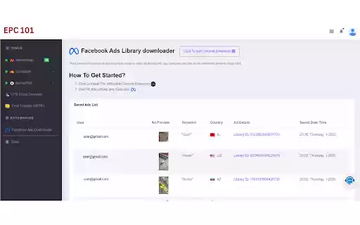 EPC 101 FB Library Ads Downloader  from Chrome web store to be run with OffiDocs Chromium online