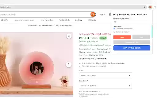 Etsy product review scraper tool  from Chrome web store to be run with OffiDocs Chromium online