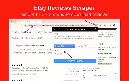 Etsy Reviews Scraper Extract Chrome വെബ് സ്റ്റോറിൽ നിന്നുള്ള Etsy™️-ൽ നിന്നുള്ള അവലോകനങ്ങൾ OffiDocs Chromium ഓൺലൈനിൽ പ്രവർത്തിപ്പിക്കും.
