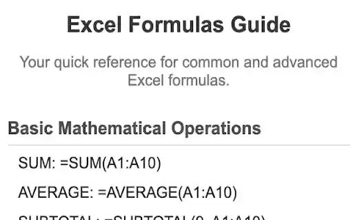 Excel Formulas Guide  from Chrome web store to be run with OffiDocs Chromium online