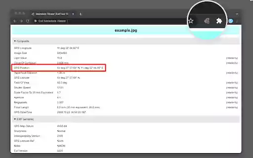 Exif Metadata Viewer  from Chrome web store to be run with OffiDocs Chromium online
