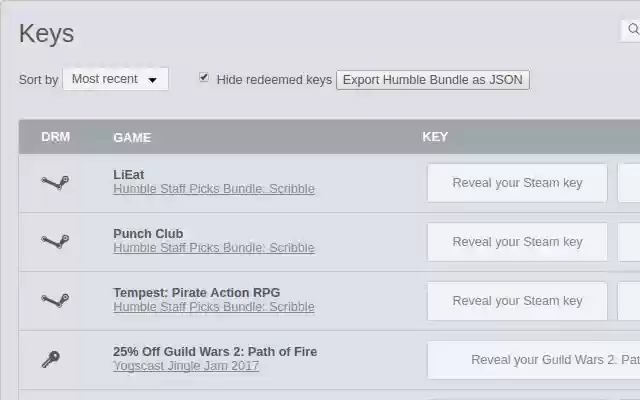 Export HumbleBundle Library to JSON  from Chrome web store to be run with OffiDocs Chromium online